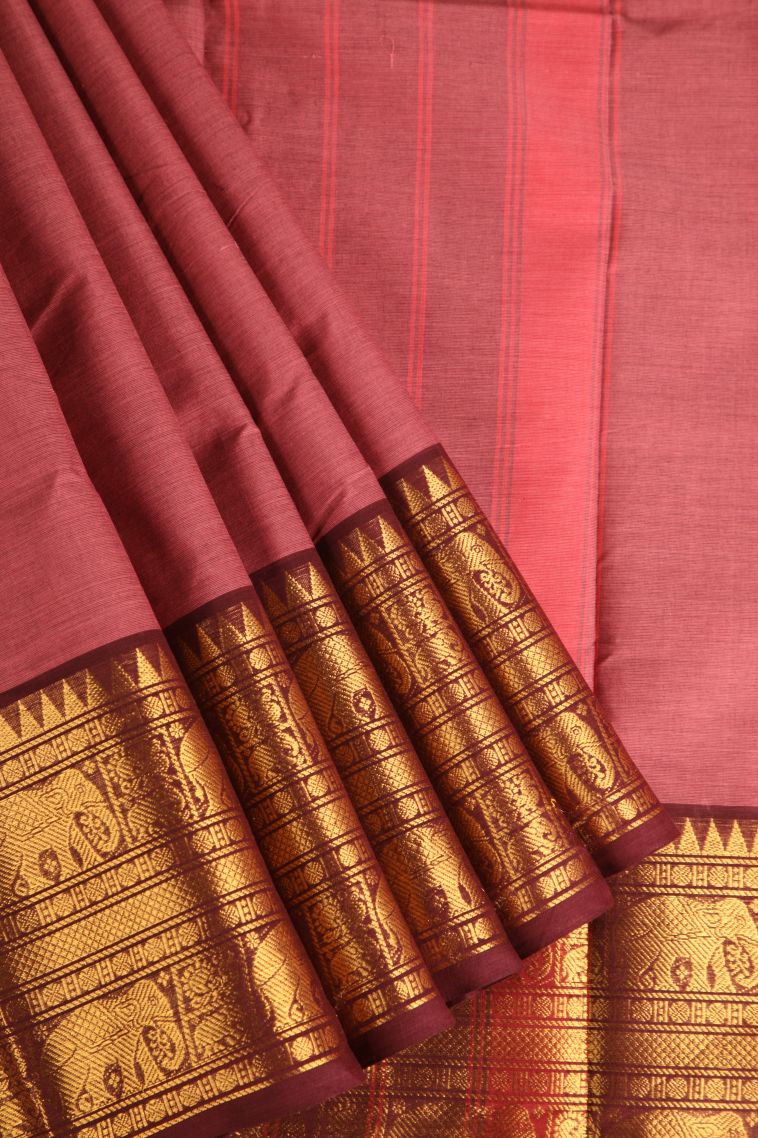 Ruby Red Chettinad Cotton Sarees with Gold Zari Plain With Border view 1