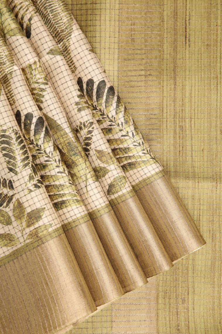 Vanilla Custard Yellow Semi Tussar Silk with Gold Zari Leaf Pattern