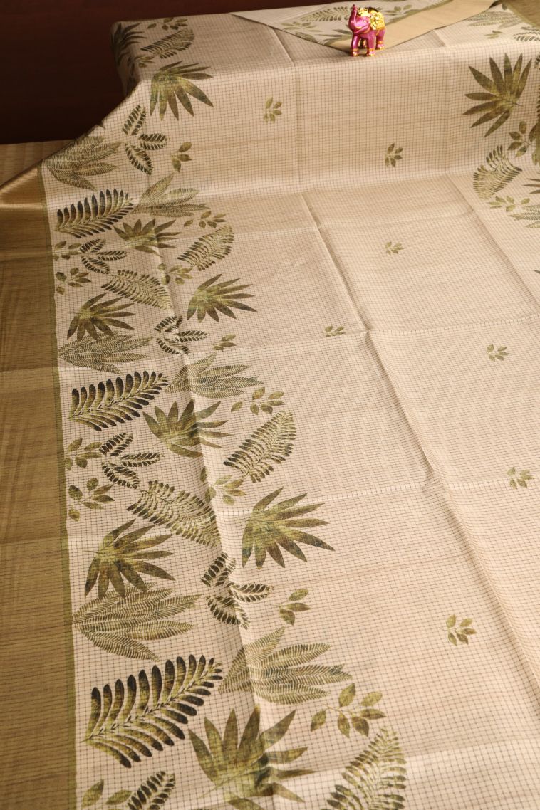 Vanilla Custard Yellow Semi Tussar Silk with Gold Zari Leaf Pattern view 2