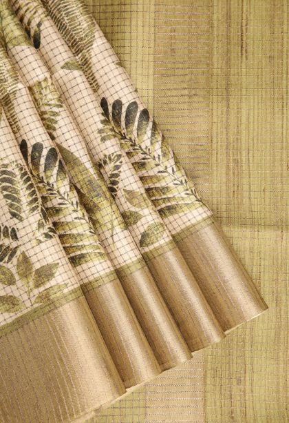 Vanilla Custard Yellow Semi Tussar Silk with Gold Zari Leaf Pattern