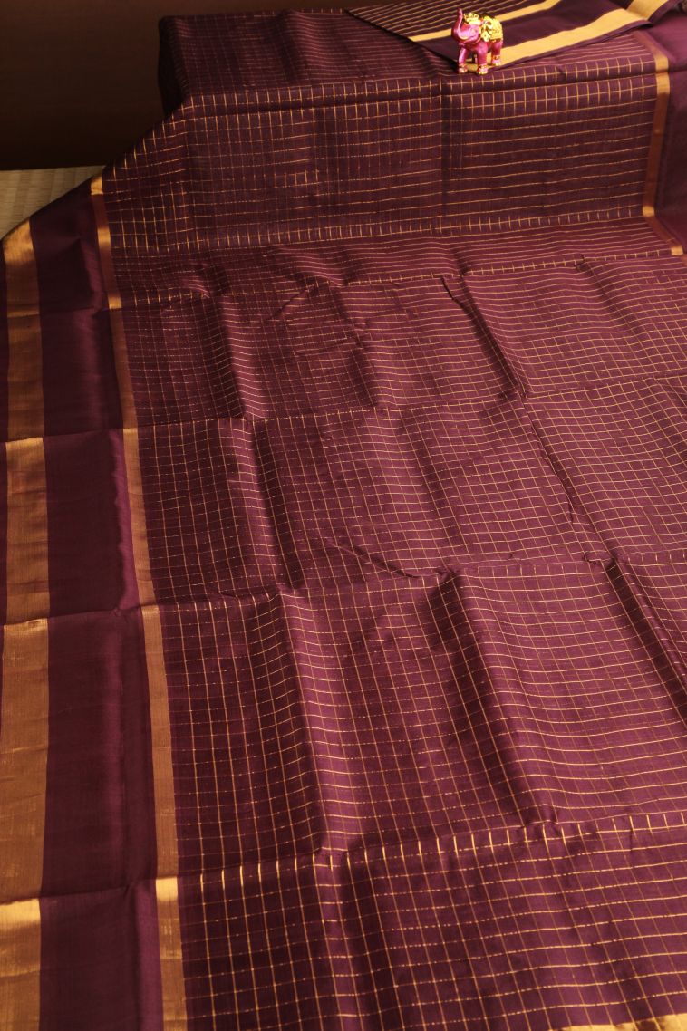 Lipstick Red Silk Cotton with Gold Zari Checks view 2