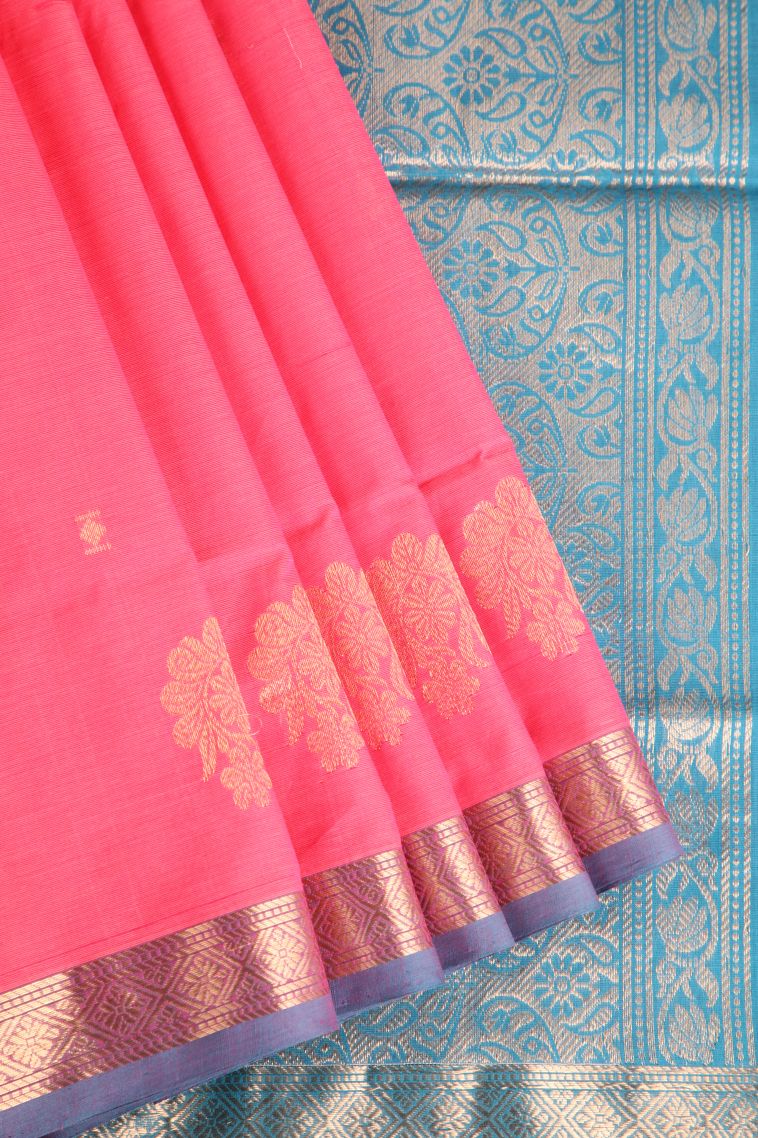 Strawberry Pink Pure Handloom Kovai Cotton with Without Zari Zari Floral Puttas view 1