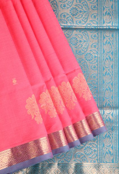 Strawberry Pink Pure Handloom Kovai Cotton with Without Zari Zari Floral Puttas