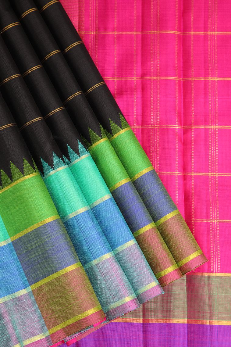 Asphalt Black Kanchipuram Silk Sarees with Gold Zari Stripes