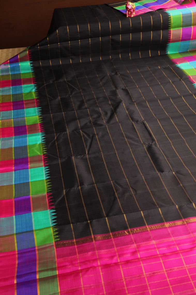 Asphalt Black Kanchipuram Silk Sarees with Gold Zari Stripes view 2