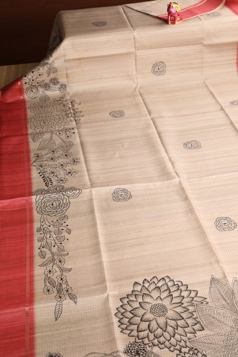Vanilla Custard Yellow Semi Tussar Silk with Gold Zari Floral Patterns view 2