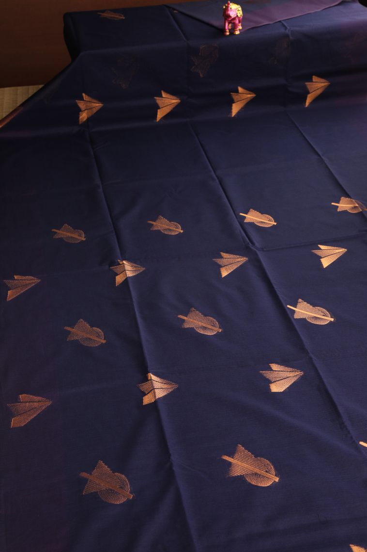 Indigo Blue Silk Cotton Sarees with Copper Zari Geometric Shapes view 2