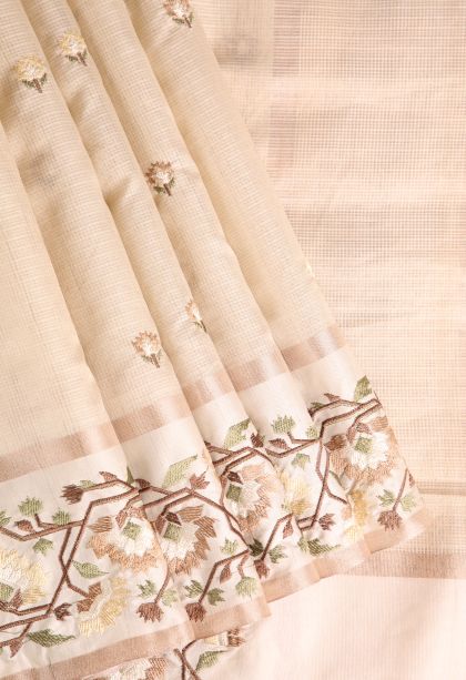Vanilla Custard Yellow Jute Sarees with Gold Zari Floral Puttas Embroidary