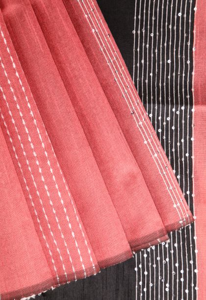 Blush Red Jute Sarees with Thread Zari Thred Weaving
