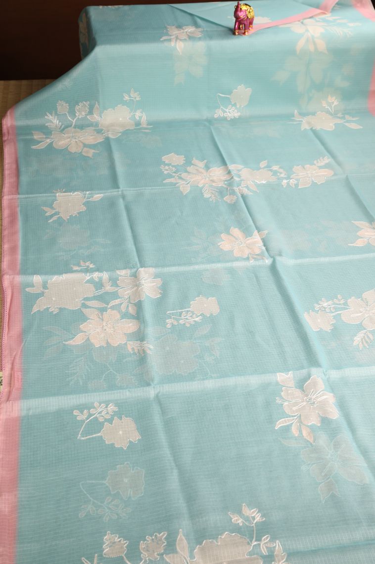 Sapphire Blue Manipuri Cotton Sarees with Without Zari Zari Embroidary view 2