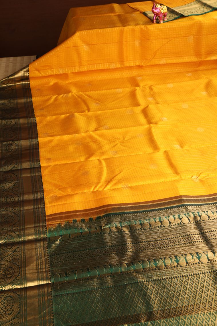 Merigold Orange Kanchipuram Silk Sarees with Gold Zari Circle Mottif view 2