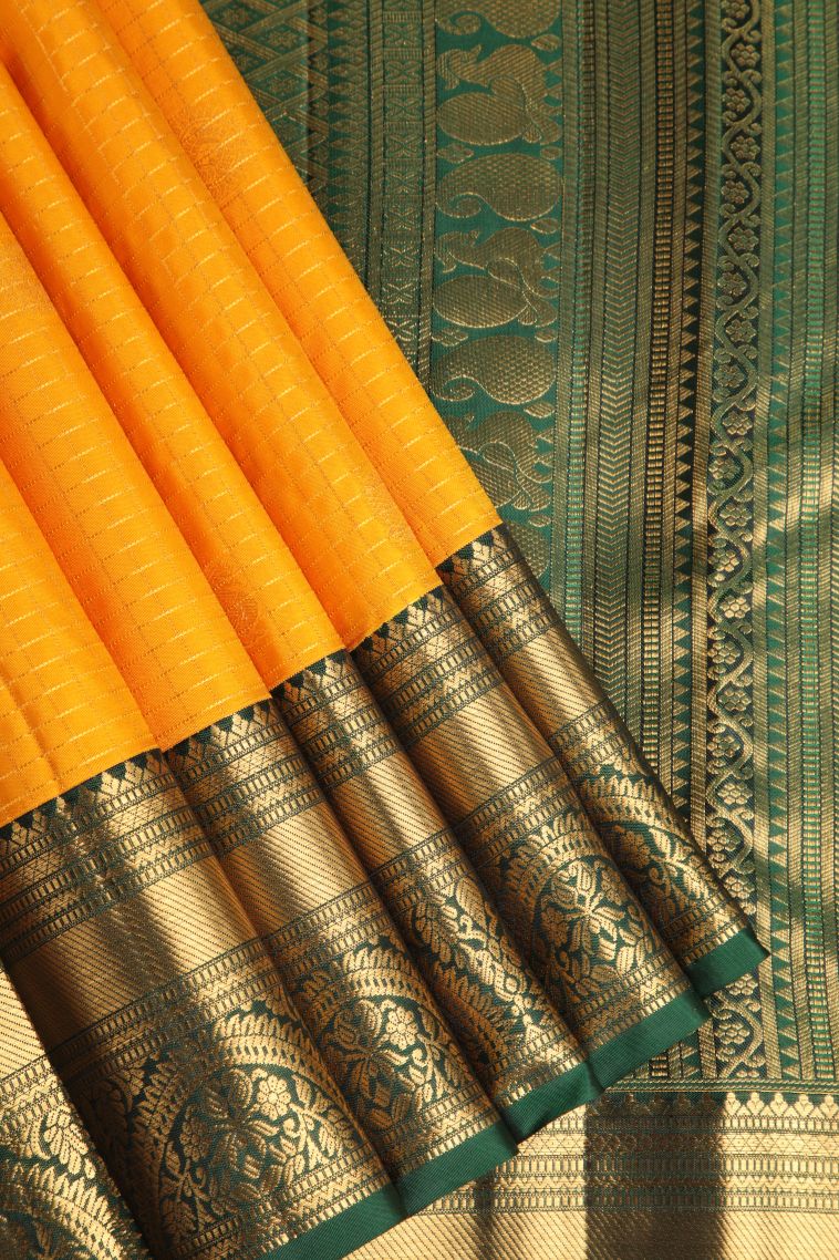 Merigold Orange Kanchipuram Silk Sarees with Gold Zari Circle Mottif view 1