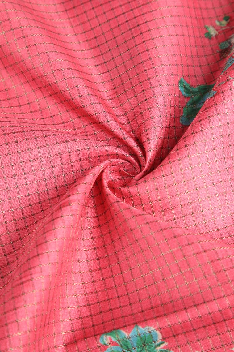 Punch Pink Semi Tussar Silk with Gold Zari Floral Patterns view 4