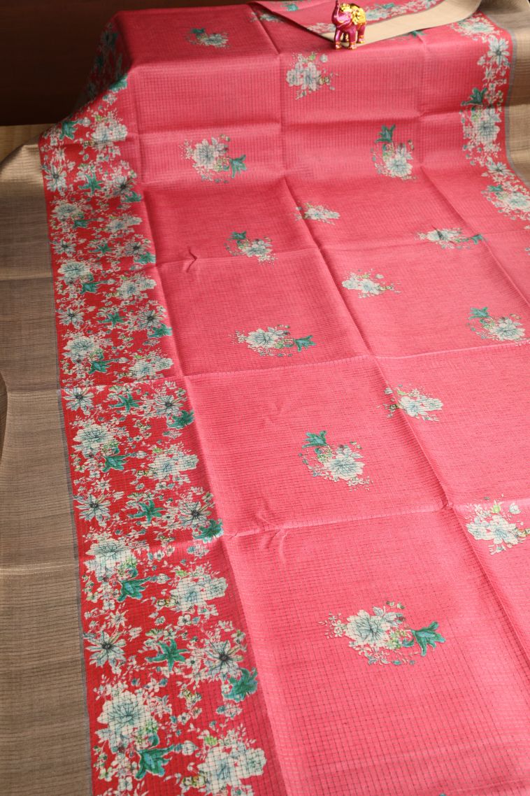 Punch Pink Semi Tussar Silk with Gold Zari Floral Patterns view 2