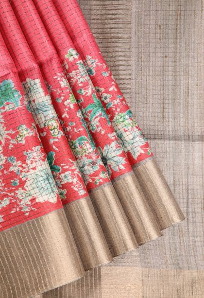 Punch Pink Semi Tussar Silk with Gold Zari Floral Patterns