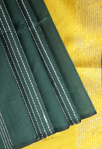 Bottle Green Jute Sarees with Thread Zari Thred Weaving