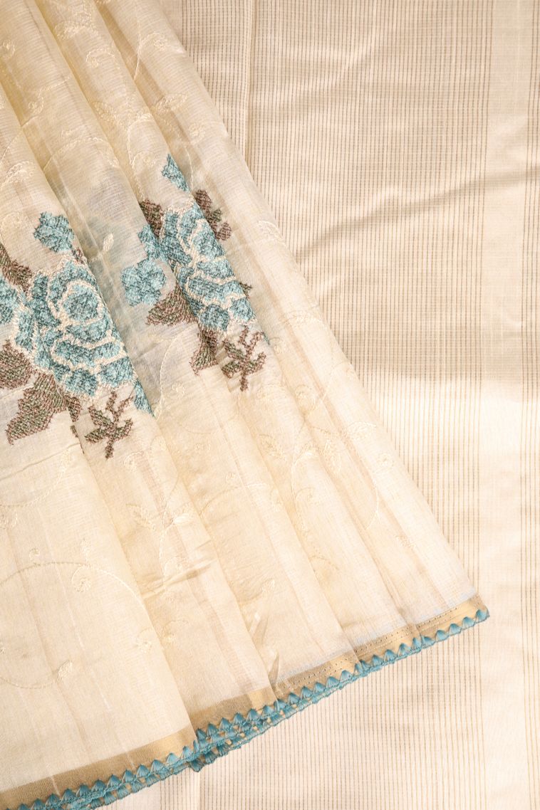 Cream White Semi Tussar Silk with Gold Zari Floral Patterns view 1