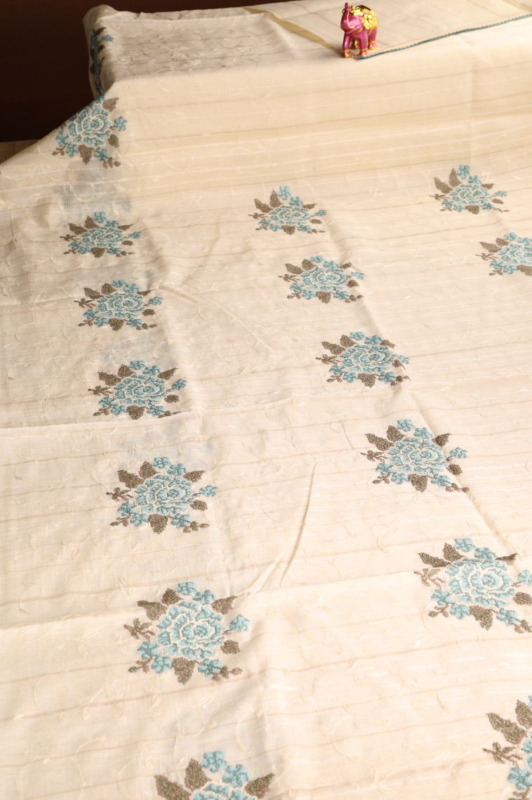 Cream White Semi Tussar Silk with Gold Zari Floral Patterns view 2