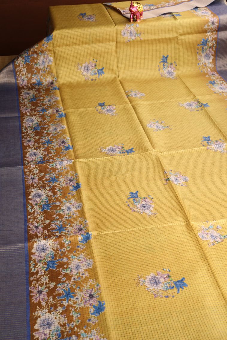 Macaroon Yellow Semi Tussar Silk with Gold Zari Floral Patterns view 2