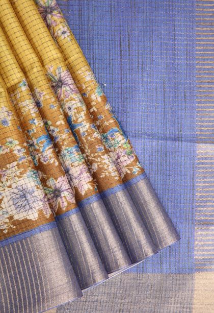 Macaroon Yellow Semi Tussar Silk with Gold Zari Floral Patterns