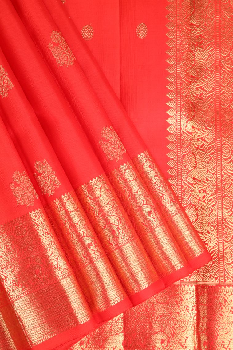 Candy Red Kanchipuram Silk Sarees with Gold Zari Manga