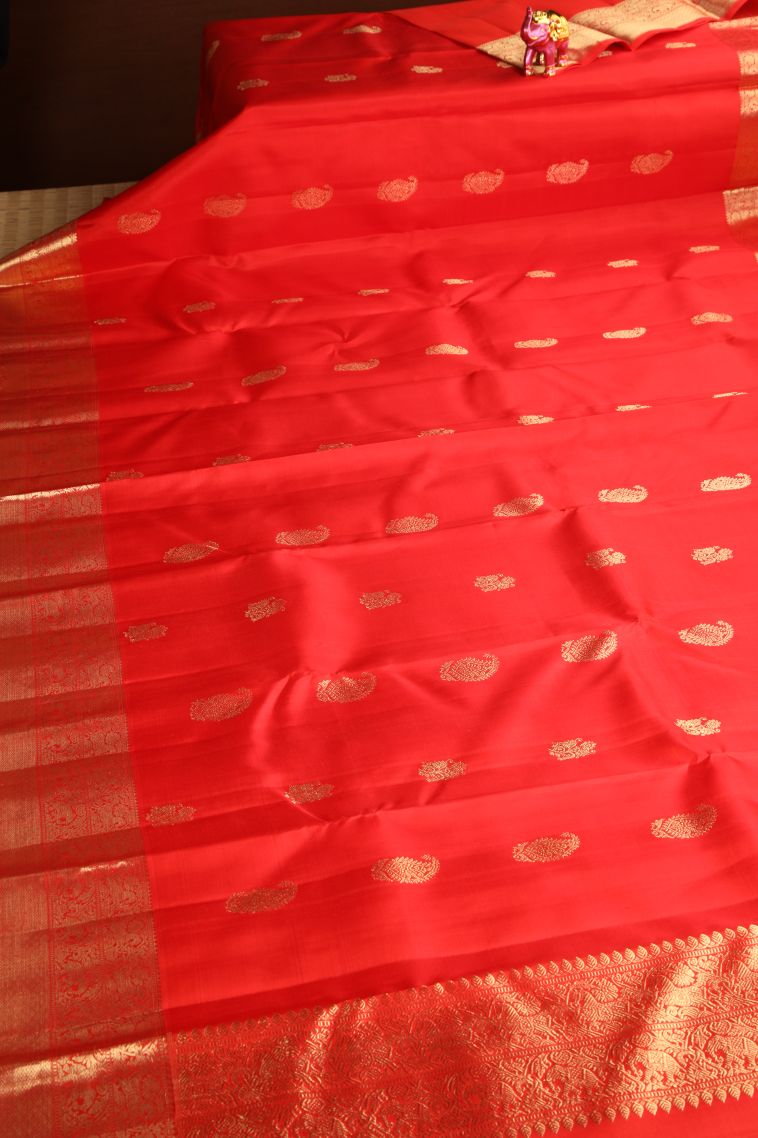 Candy Red Kanchipuram Silk Sarees with Gold Zari Manga view 2