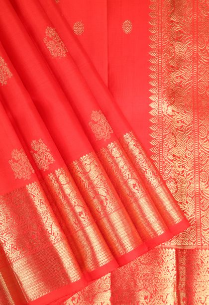 Candy Red Kanchipuram Silk Sarees with Gold Zari Manga