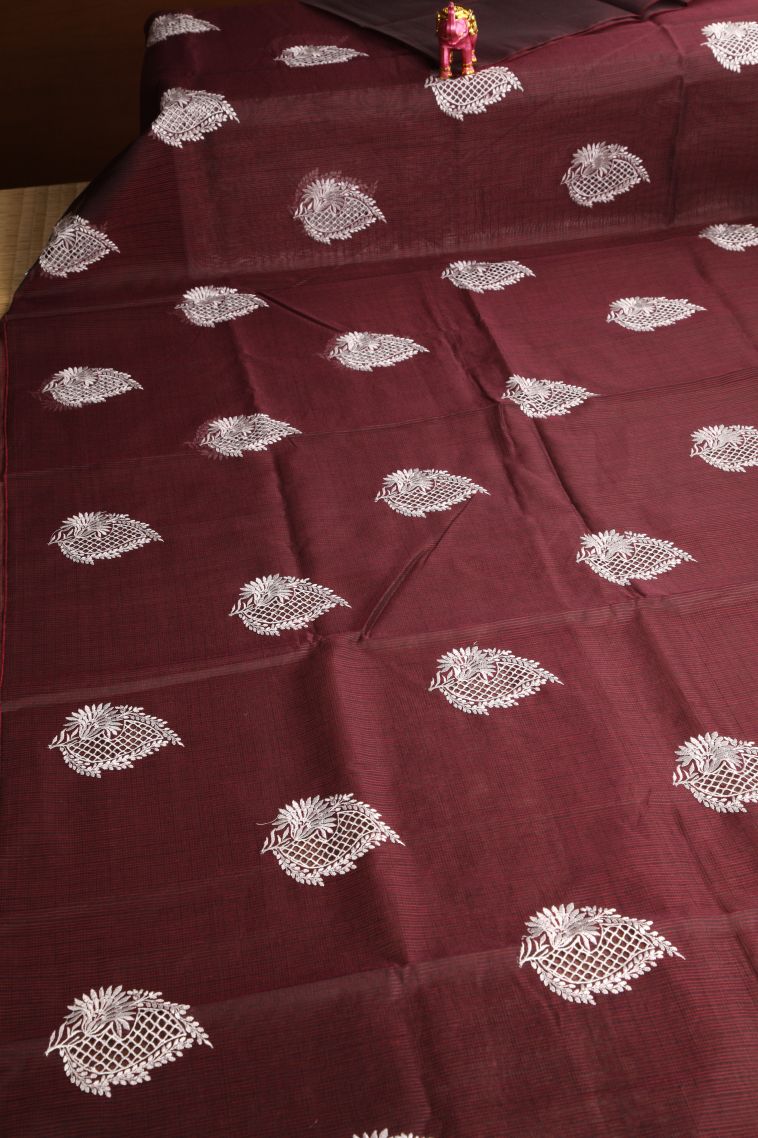 Scarlet Red Manipuri Cotton Sarees with Without Zari Zari Leaf Embroidery view 2