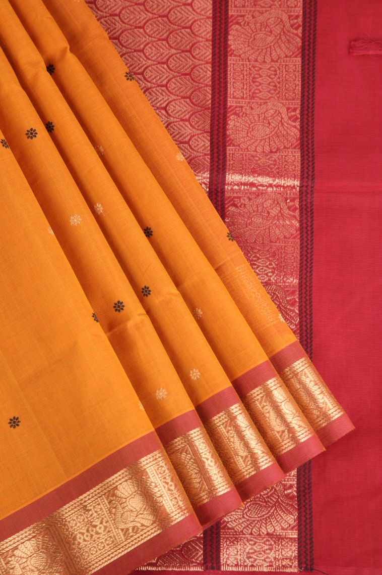 Honey Orange Pure Handloom Kovai Cotton with Without Zari Zari Floral Puttas view 1