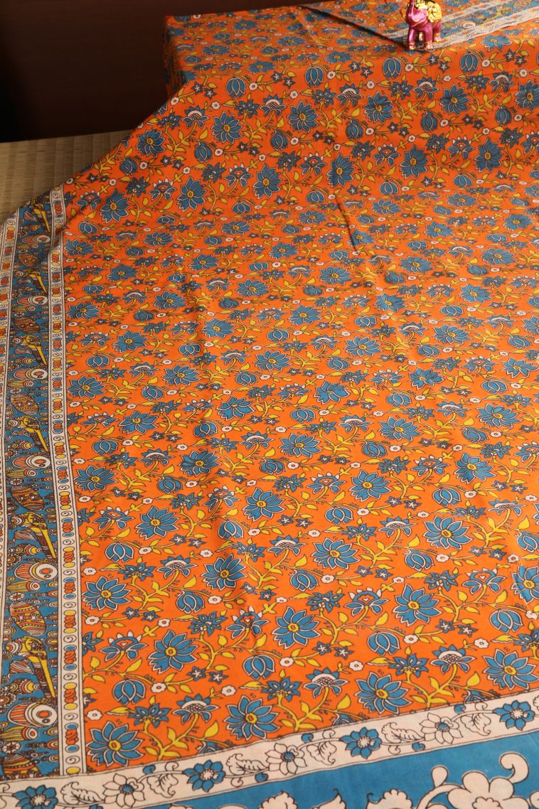 Apricot Orange Kalamkari with Without Zari Zari Floral Patterns view 2