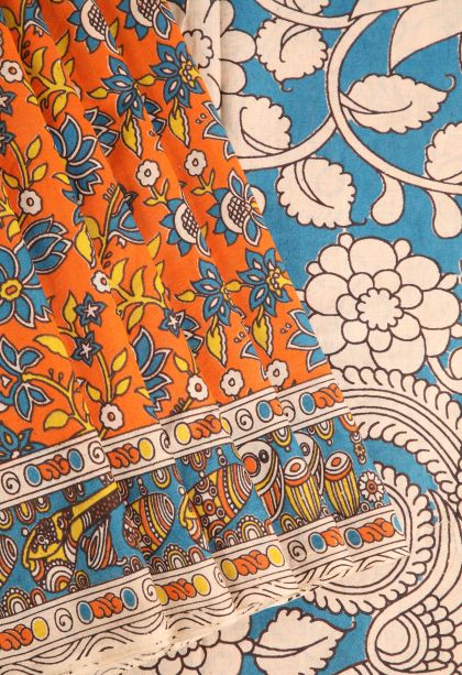 Apricot Orange Kalamkari with Without Zari Zari Floral Patterns