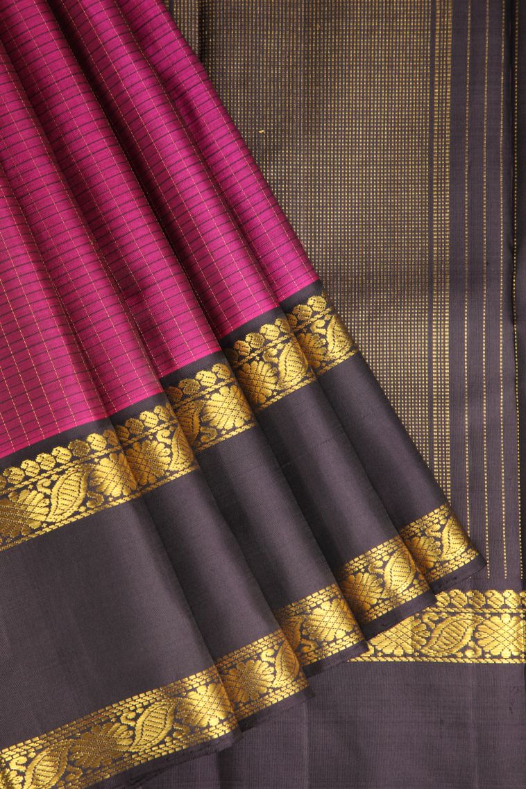 Magenta Purple Kanchipuram Silk Sarees with Gold Zari Checks view 1