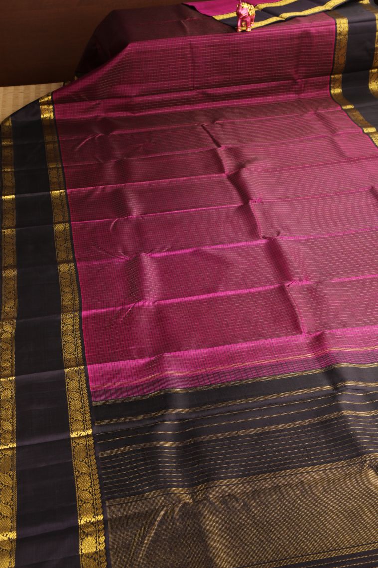 Magenta Purple Kanchipuram Silk Sarees with Gold Zari Checks view 2