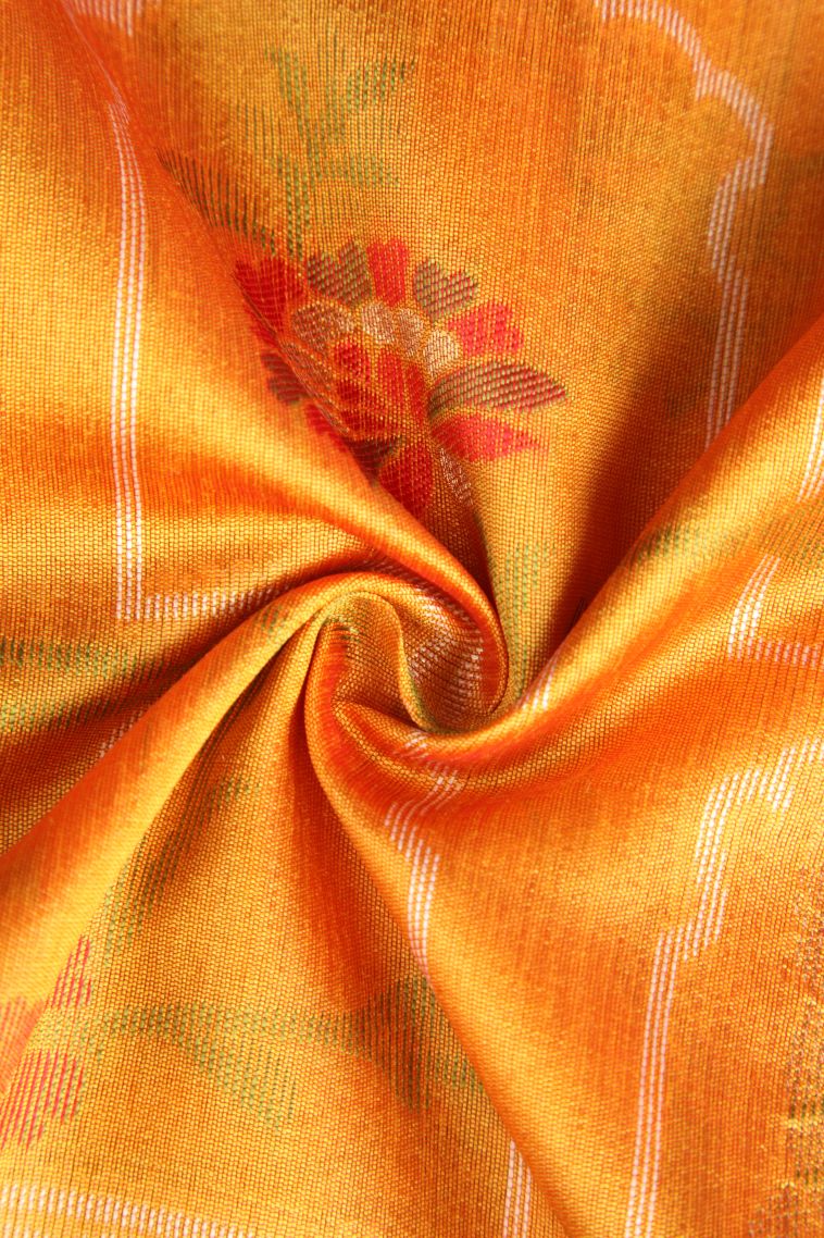 Merigold Orange Jute Sarees with Gold Zari Checks view 4