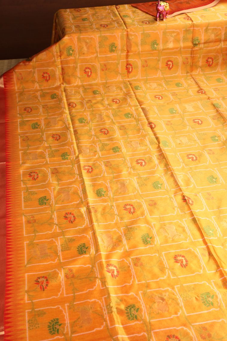 Merigold Orange Jute Sarees with Gold Zari Checks view 2