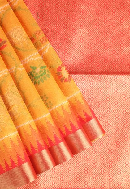 Merigold Orange Jute Sarees with Gold Zari Checks