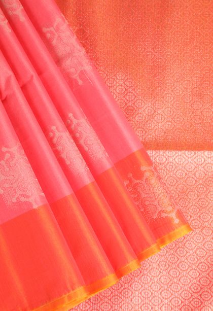 Watermelon Pink Silk Cotton Sarees with Silver Zari Geometric Shapes