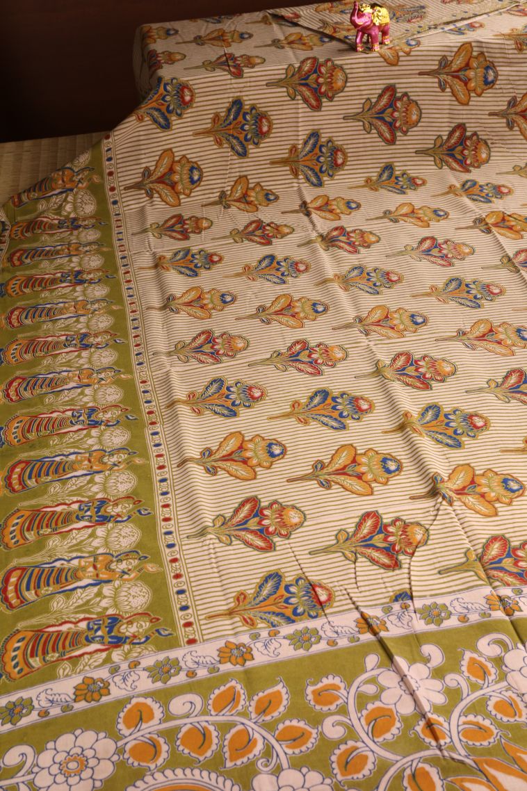 Olive Green Kalamkari with Without Zari Zari Floral Patterns view 2