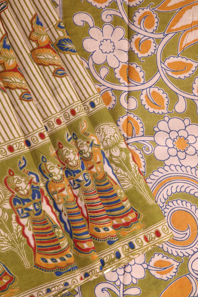 Olive Green Kalamkari with Without Zari Zari Floral Patterns view 1