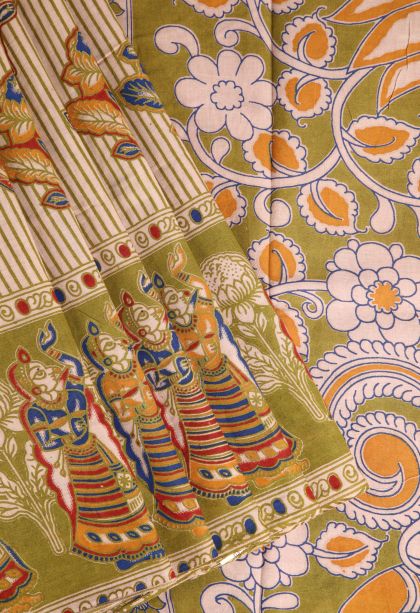 Olive Green Kalamkari with Without Zari Zari Floral Patterns