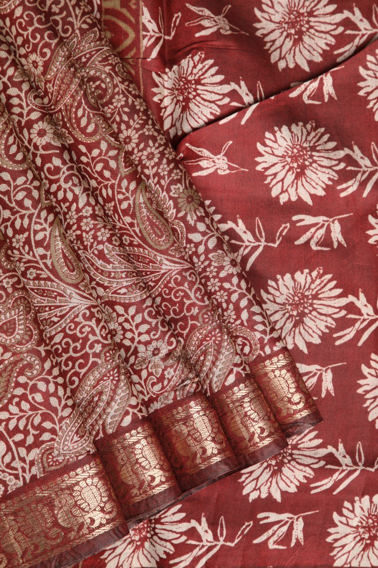 Blush Red Maheswari Cotton Saree with Gold Zari Floral Patterns view 1
