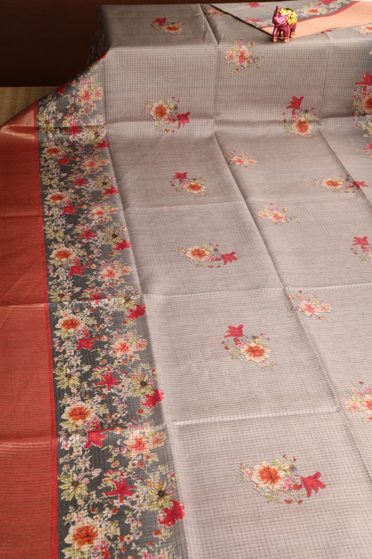 Salt White Semi Tussar Silk with Gold And Silver Zari Floral Patterns view 2
