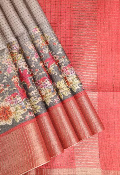 Salt White Semi Tussar Silk with Gold And Silver Zari Floral Patterns