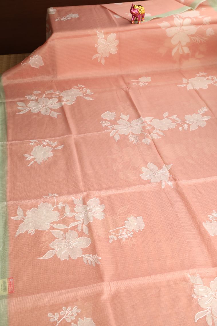 Peach Pink Manipuri Cotton Sarees with Without Zari Zari Embroidary view 2