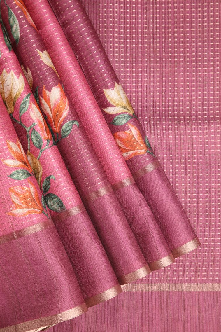 Punch Pink Semi Tussar Silk with Gold Zari Kodi Pattern view 1