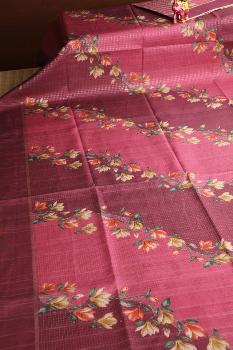 Punch Pink Semi Tussar Silk with Gold Zari Kodi Pattern view 2