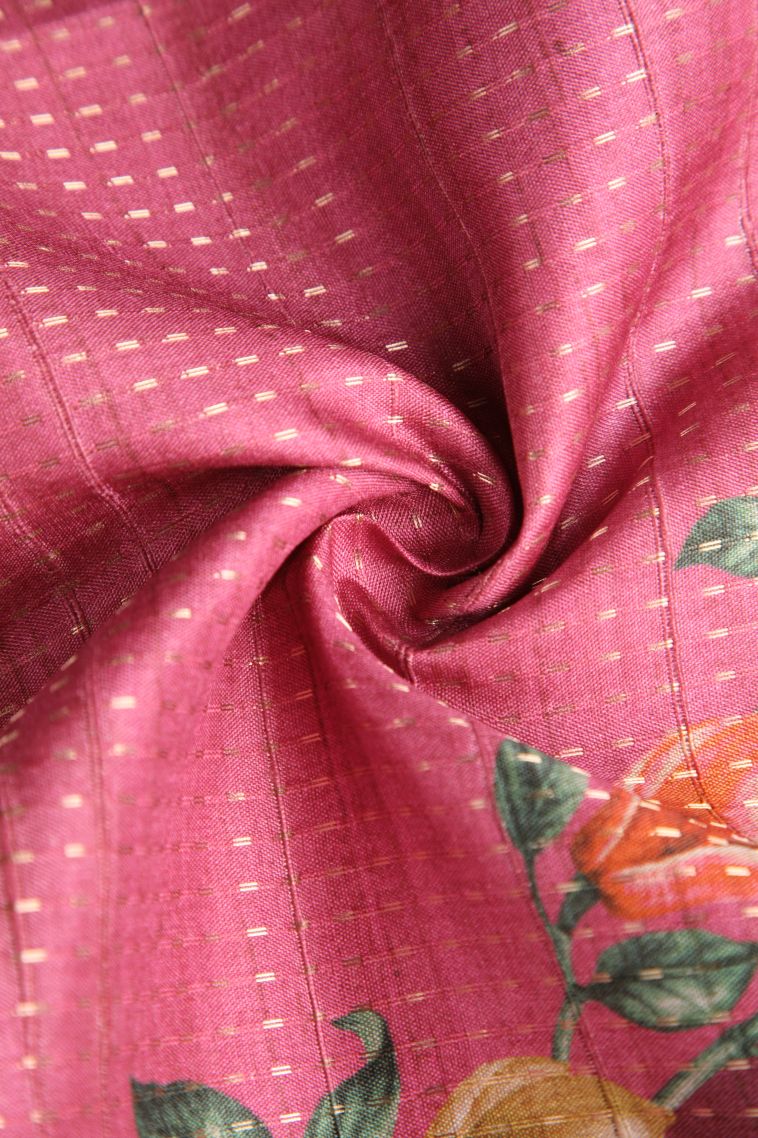 Punch Pink Semi Tussar Silk with Gold Zari Kodi Pattern view 4