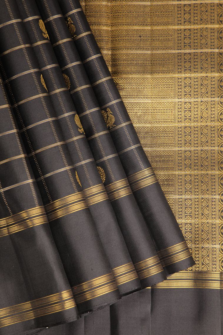 Charleston Black Kanchipuram Silk Sarees with Gold Zari Annam Rudhratcham