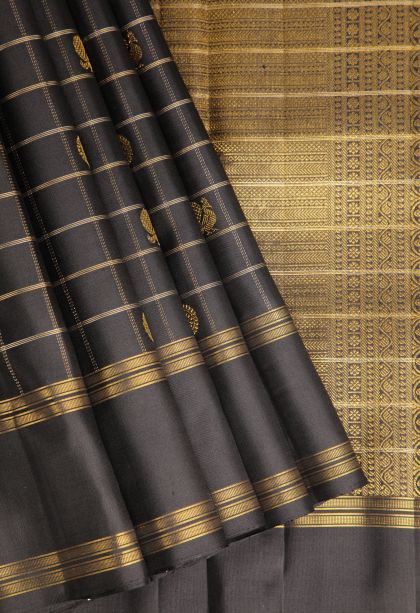 Charleston Black Kanchipuram Silk Sarees with Gold Zari Annam Rudhratcham