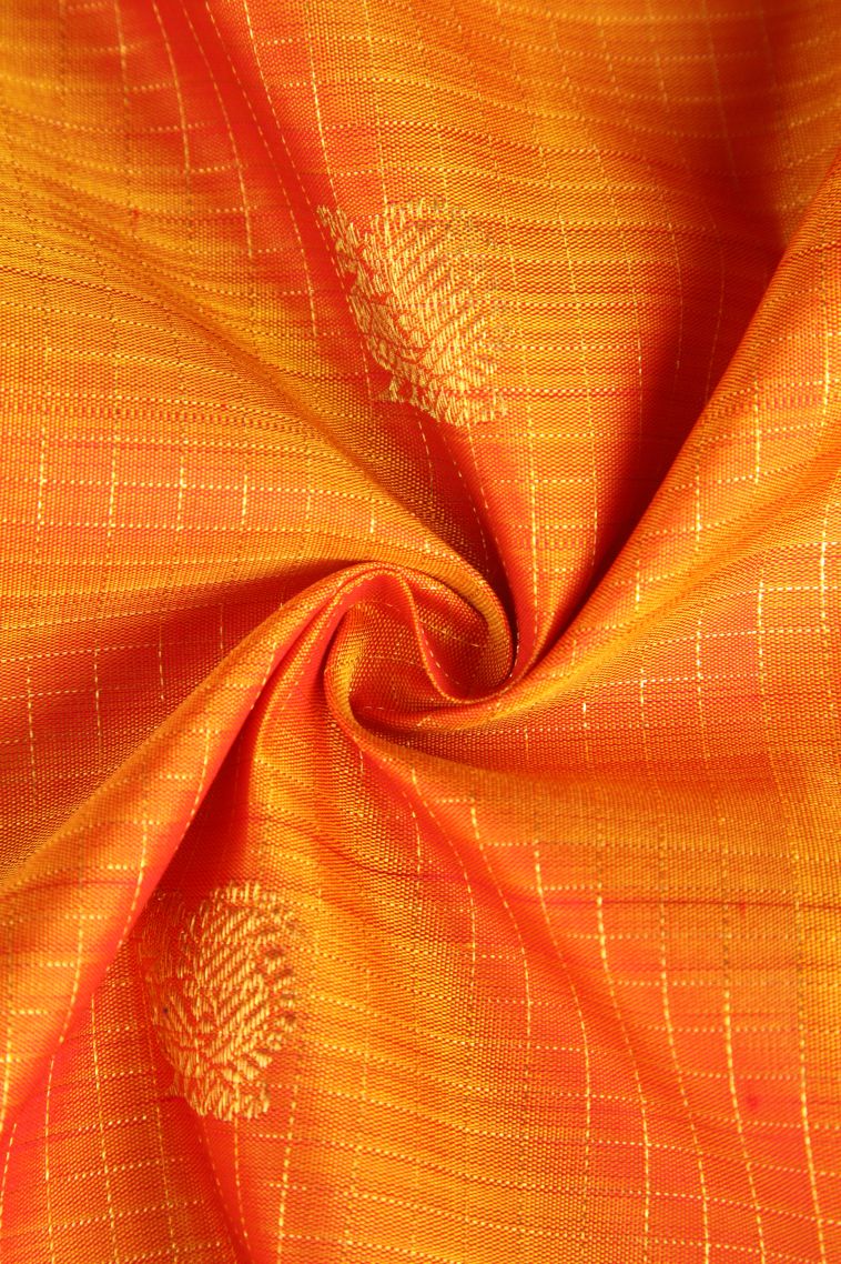 Apricot Orange Kanchipuram Silk Sarees with Gold Zari Peacock And Rudhractam view 4